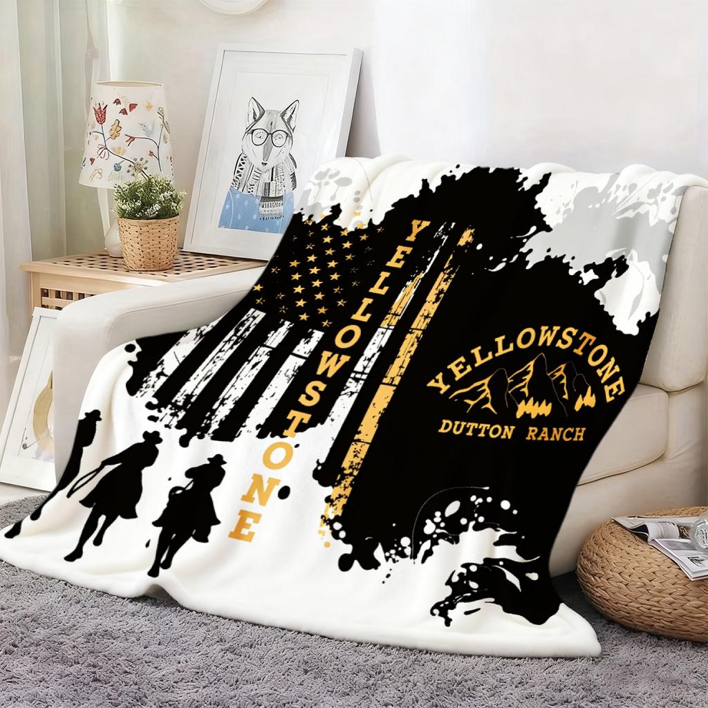 Yellowstone Dutton Ranch Flag Silhouette Flannel Blanket, Soft Warm Mountain Design for Sofa Bed Office Shawl Camping