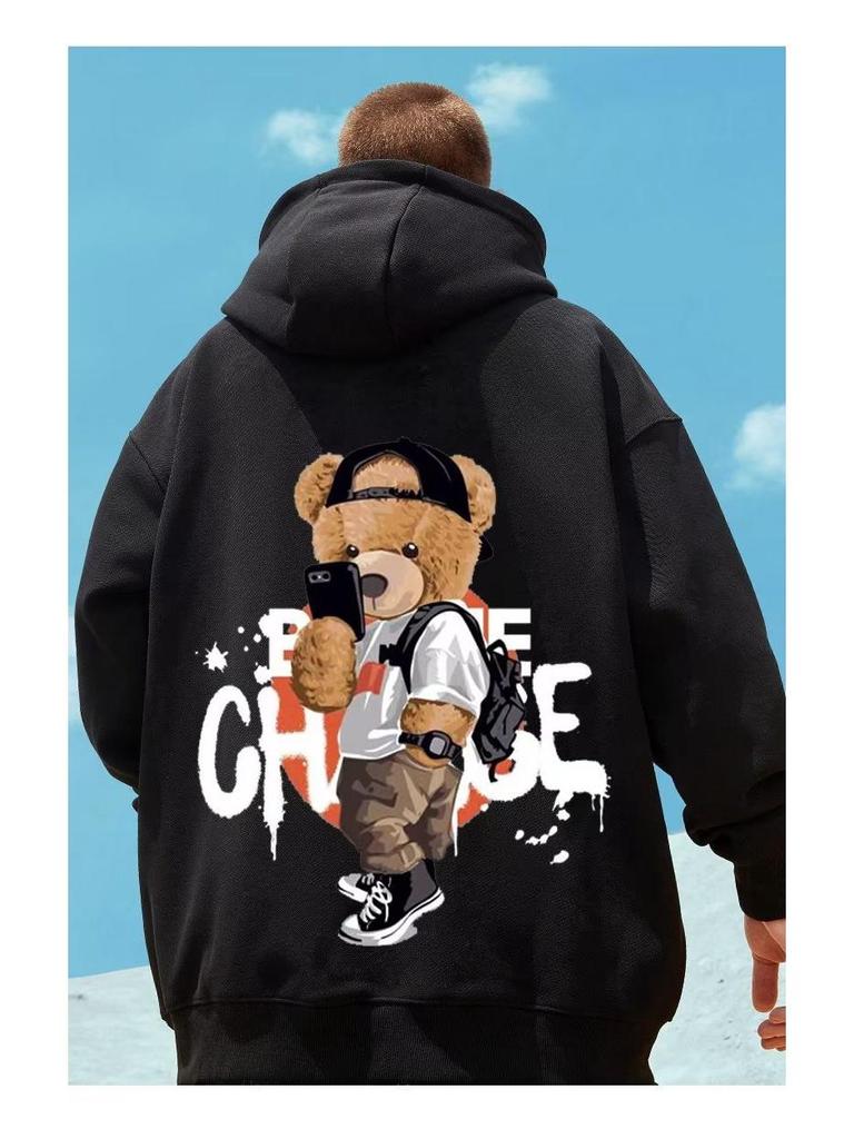 Sweat à capuche avec ours pour homme grande taille - Style américain tendance, Velours Coupe ample, Tailles jusqu'à 8XL