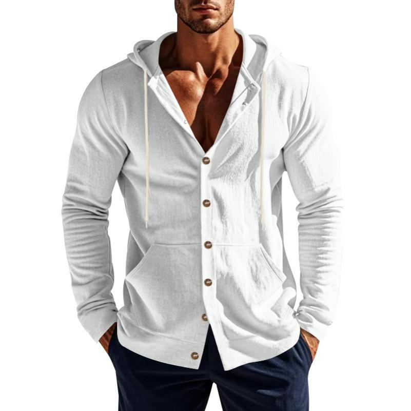 Spring and Summer Men's Hooded Long-sleeved Shirt Men's Solid Color Patch Bag Casual Long-sleeved T-shirt Men's Top Outer Wear