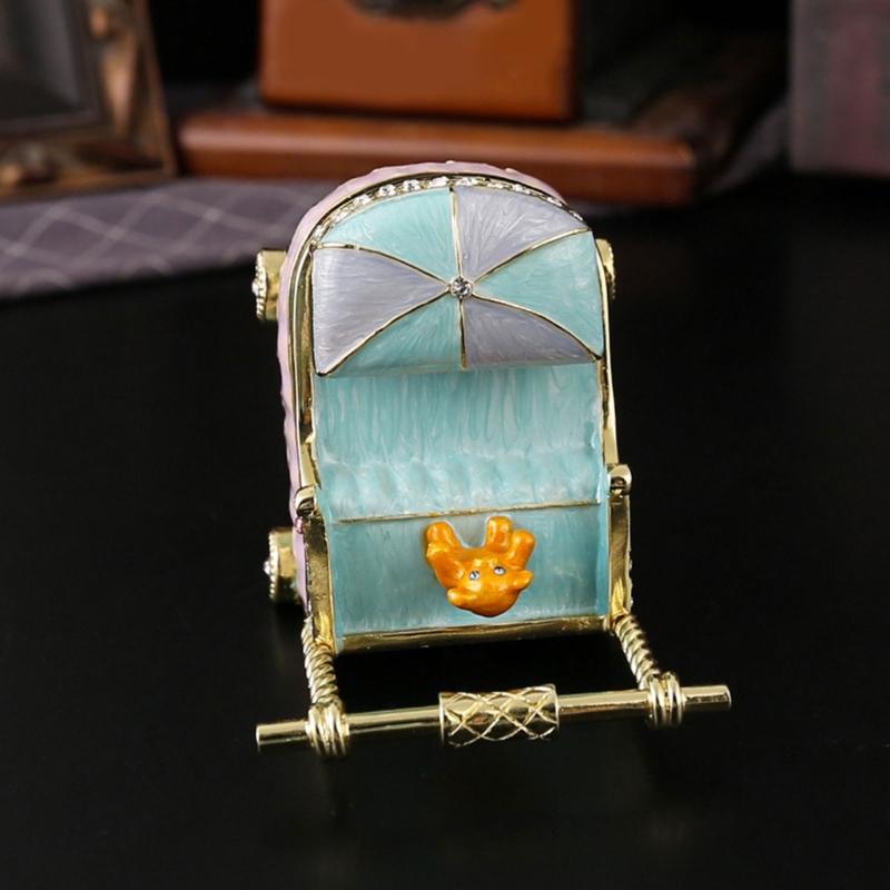 Enamel Jewelry Box Stroller Shape with Bear Ornament, Soft Blue Pink Accessory Box for Rings, Earrings, Bedside Table and Shelf Display