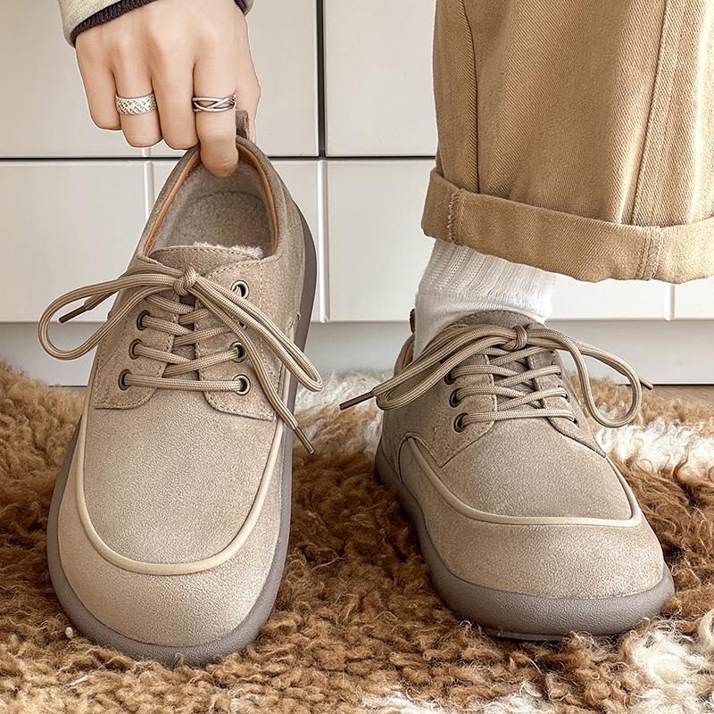 Winter Suede Leather Men'S Boots Platform Warm Fur Lined Ankle Short Lace Up Flats Concise Plush Casual Work Shoes Botas