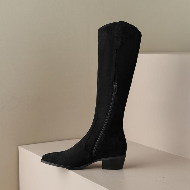 Autumn and winter women's suede fashion boots, black pointed zipper high-heeled boots, new square-heeled leather boots, Korean version of high boots