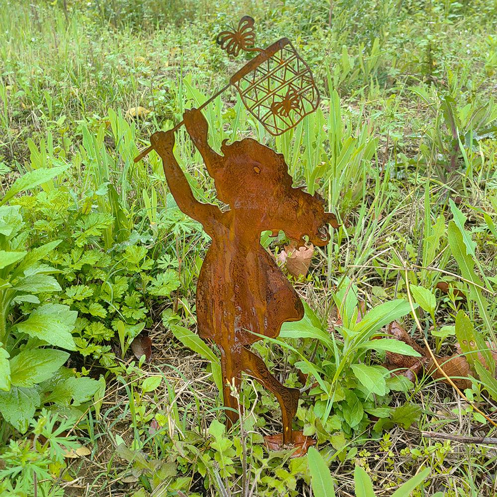 Outdoor Farmhouse Metal Silhouette Decoration - Small Boy and Girl Ornament