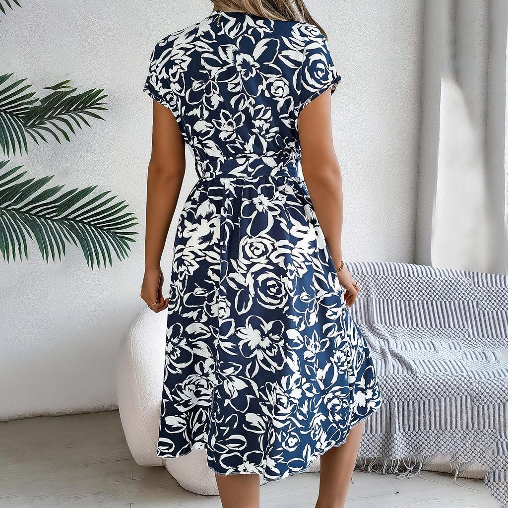 Spring And Summer Casual V-neck Button-down Short-sleeved Flower Swing Dress Cross-border Women's Clothing