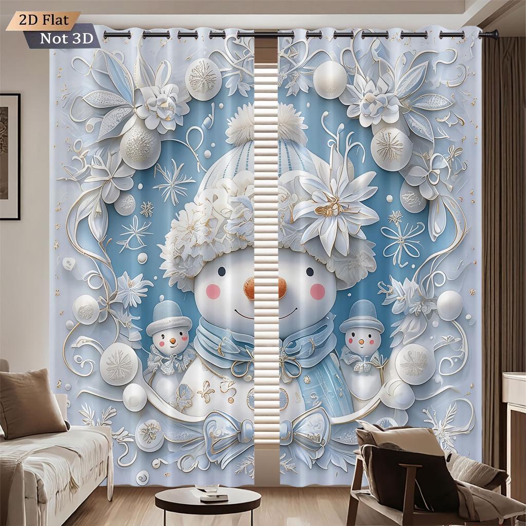 2Pcs Imitation Relief Christmas Snowman Print Blackout Curtain Multi Size Living Room Insulation Decoration Machine Washable