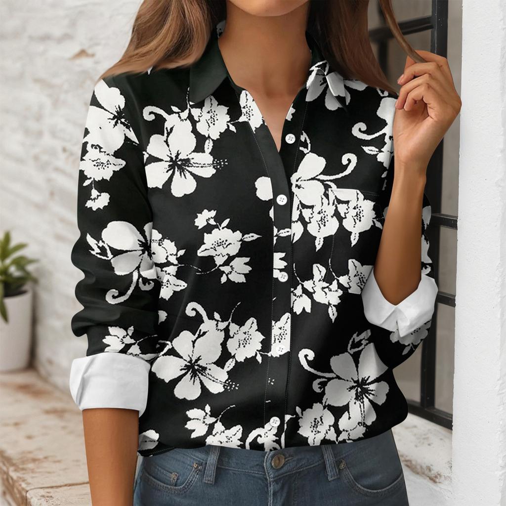 Women's Button Down Prints Shirt Long Sleeve Shirt Business Work Tops Casual With Pockets Jacket
