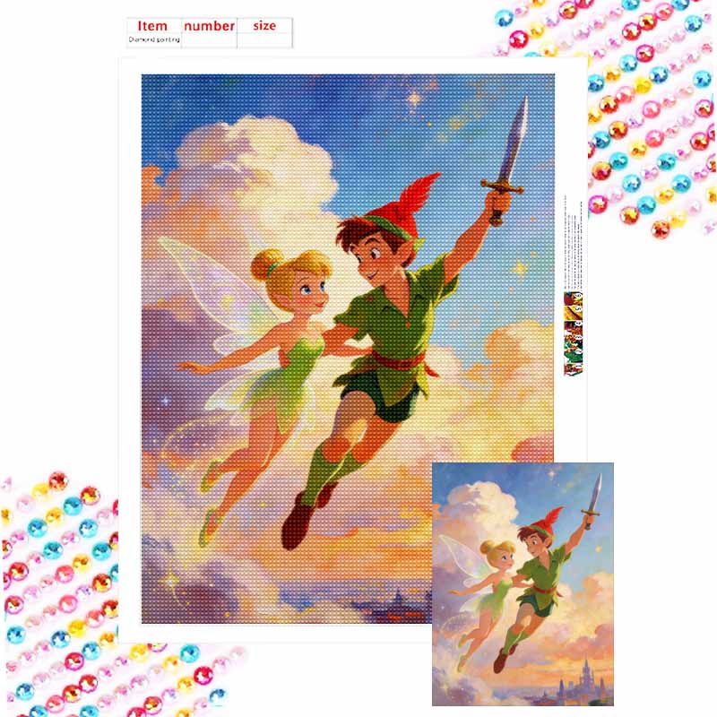 Disney Diamond Painting 5D DIY Full Circle Diamond Painting Kit Home Bedroom Wall Decor Crafts Peter Pan & Tinkerbell Flying in Sky Round 20x30cm
