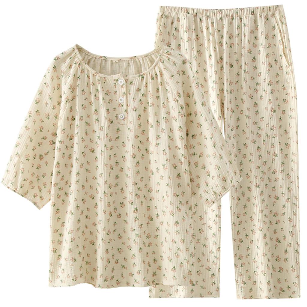 Summer Sleeve Length Floral Front Top and Bottom Gauze Pajama Japanese Day [SISOFTLY] Pajamas, 6/8 Set, Jinbei, Women's, Summer, Cotton, 7/8 Pants,