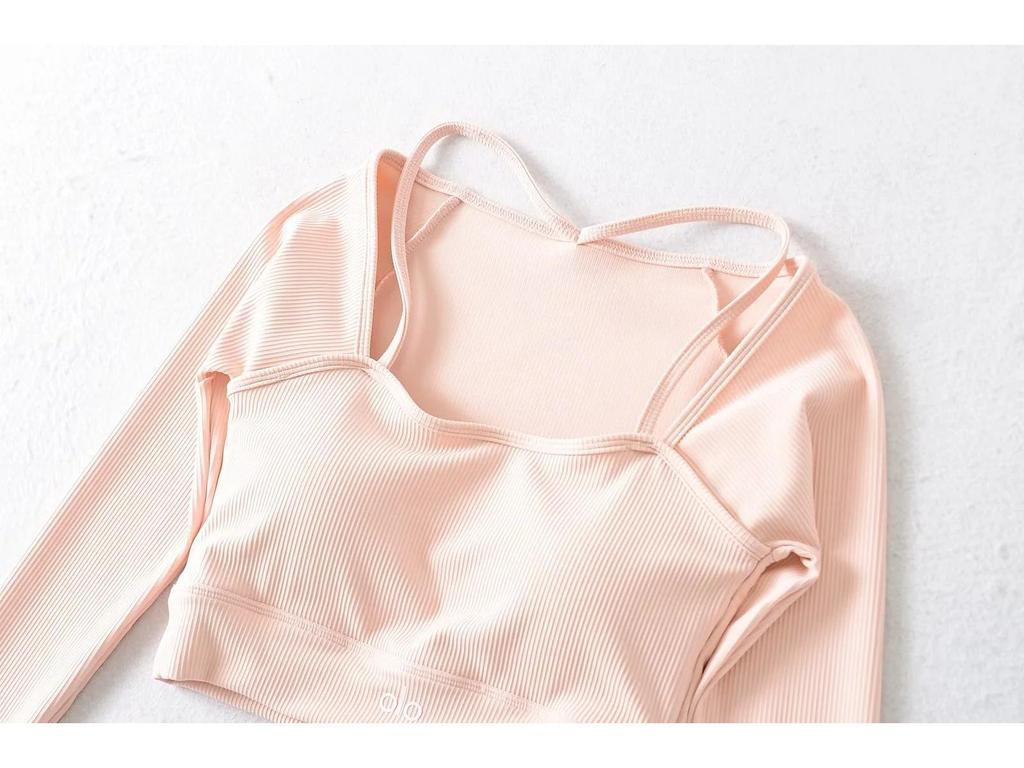 Women's Ribbed Long Sleeve Yoga Top with Chest Pads - Quick-Dry Crop
