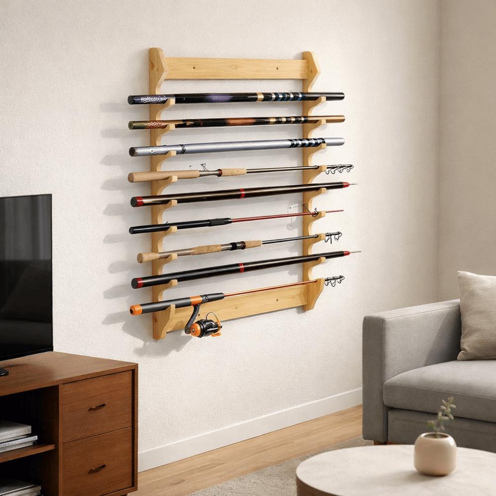 Bamboo Fishing Rod Storage Rack Wall Mounted Large Capacity Fishing Rod Display Rack Space Saving Fishing Rod Holder Living Room