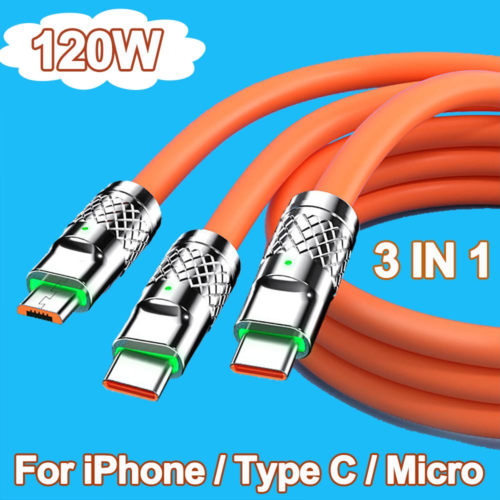 Xiaomi 3 In 1 120W Fast Charging Cable Micro USB Type-c Multiple USB Port Mobile Phone Charging Cables For Samsung for iPhone 14