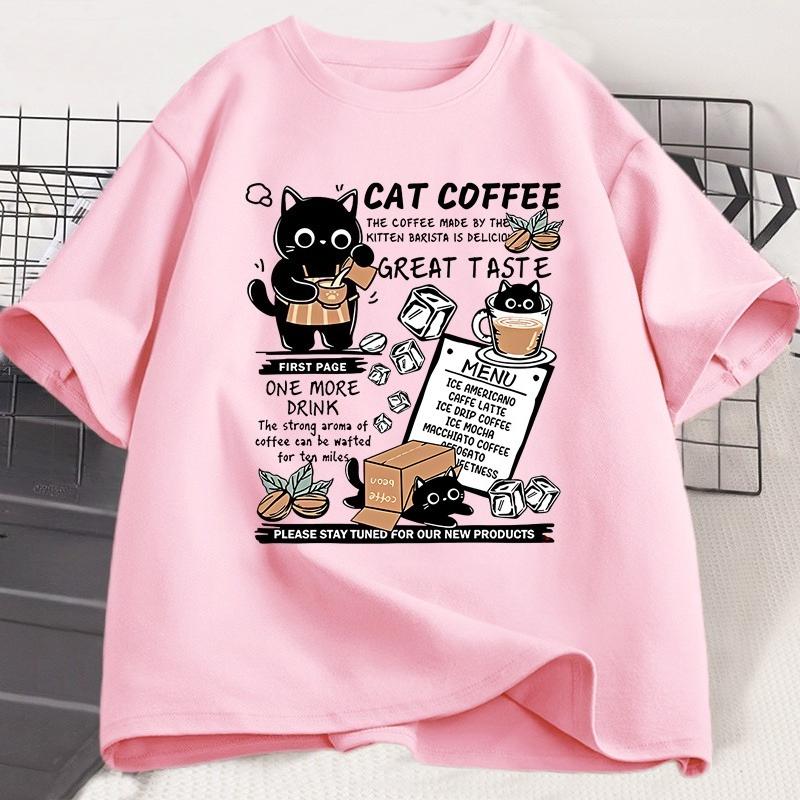 Funny Cat Make Coffe Print T Shirt for Unisex WOMEN Tshirt Summer Loose Cotton Short Sleeve Trendy Y2k Tops Unisexs Designer Clothes