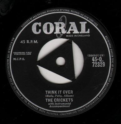 7palcová deska CRICKETS - Think It Over 45Q72329 Coral 1958 UK Rock Použitá
