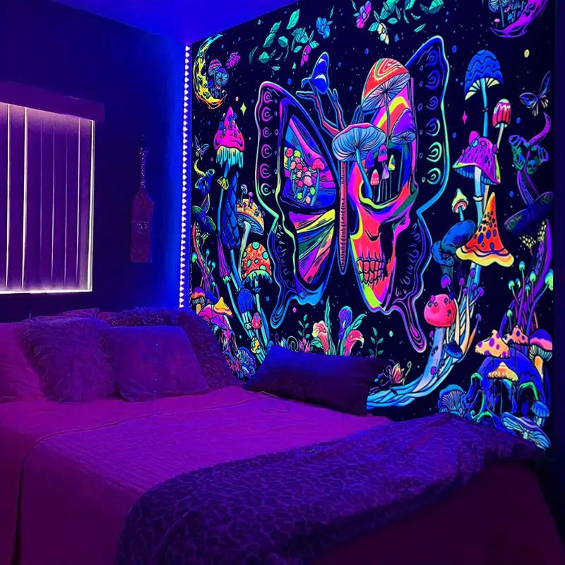 1pc Butterfly skull fluorescent tapestry, UV black light plant mushroom flower moon tapestry, home room decoration wall hanging