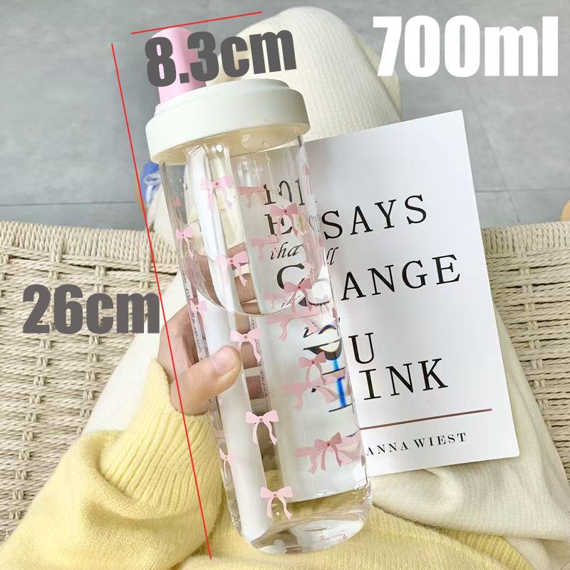 700ml Portable Large Capacity Women Water Cup Pink Bow Print Tumbler Water Bottle with Straw Lid Girly Attractive Drinking Cup