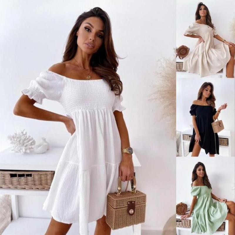 

2025 New Short Sleeve One Piece Collar Waist Fold Solid Color Casual Commuter Cute Style Dress S білий