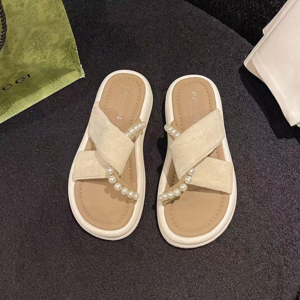 Thick bottom heightening outer wear one-word slippers summer new fairy wind French beach pearl cool slippers