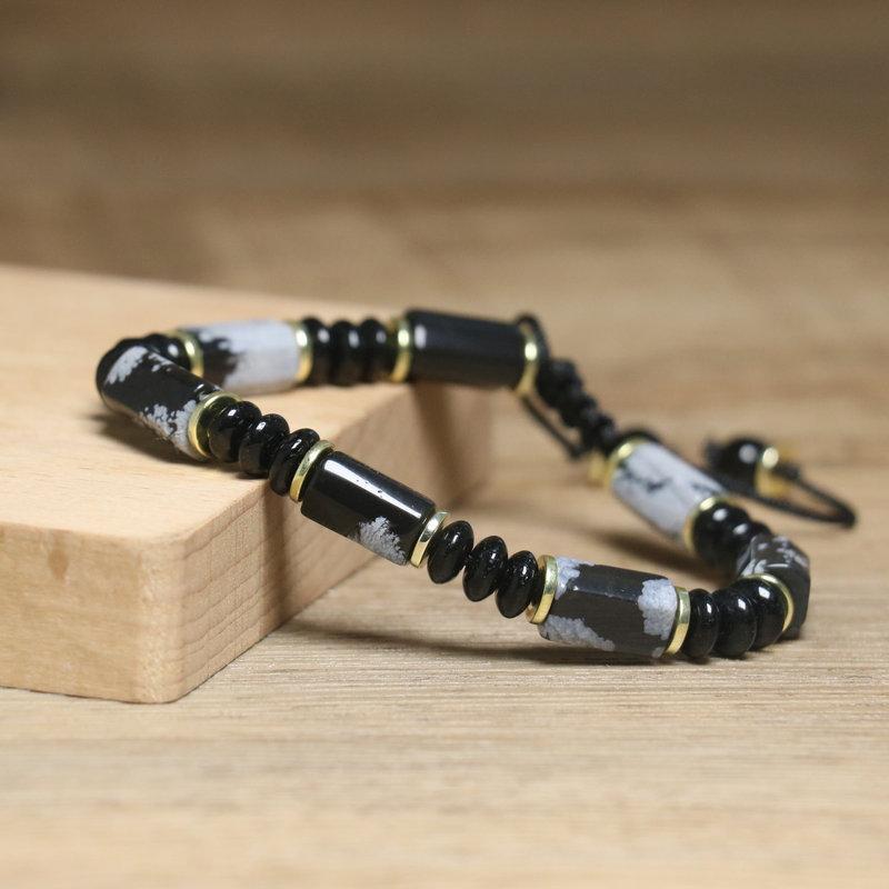 Snowflake Obsidian Tube Bracelet – Gold Accent Adjustable Boho Jewelry, Grounding Protection Gift for Men & Women