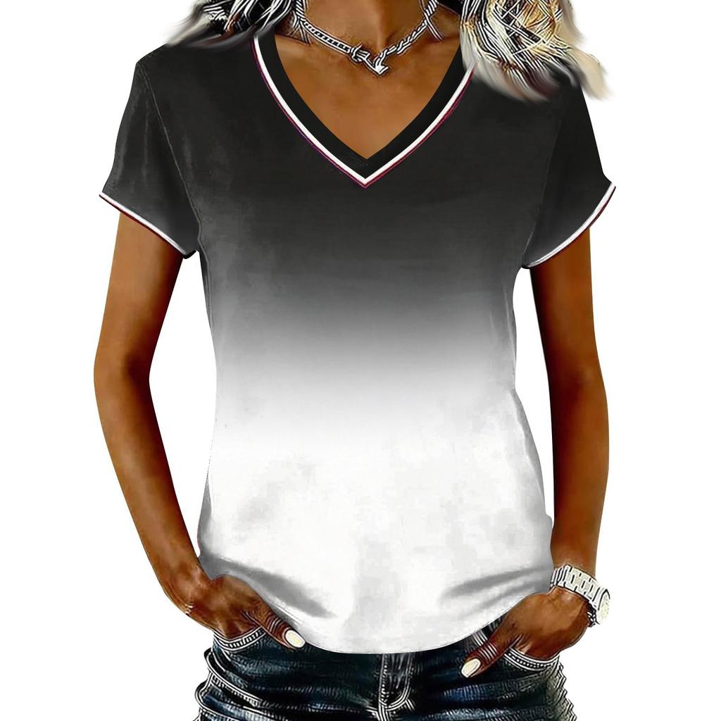 Camiseta Casual de Mujer con Cuello en V y Manga Corta, Jersey con Estampado Degradado, Tejido Ligero y Suave, Ajuste Cómodo