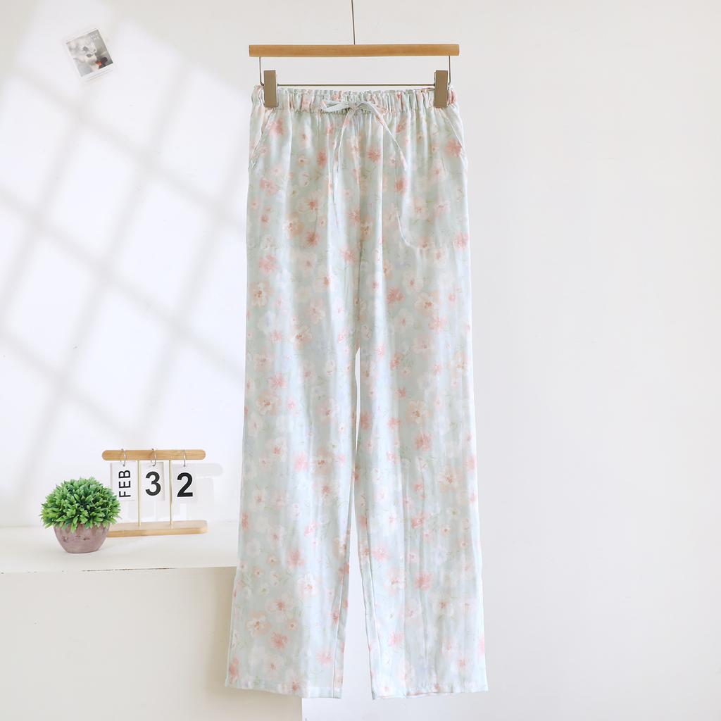 2026 Spring/Summer Women's Sleeper Pants 100% Cotton Gauze with Floral Pattern Grid Gauze Pants Thin Home Pants Bottoms Womens