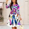 Women Plus Size Round Neck Long Sleeve Midi Dress Fashion Portrait Figure Text Print High Waist Swing Dress