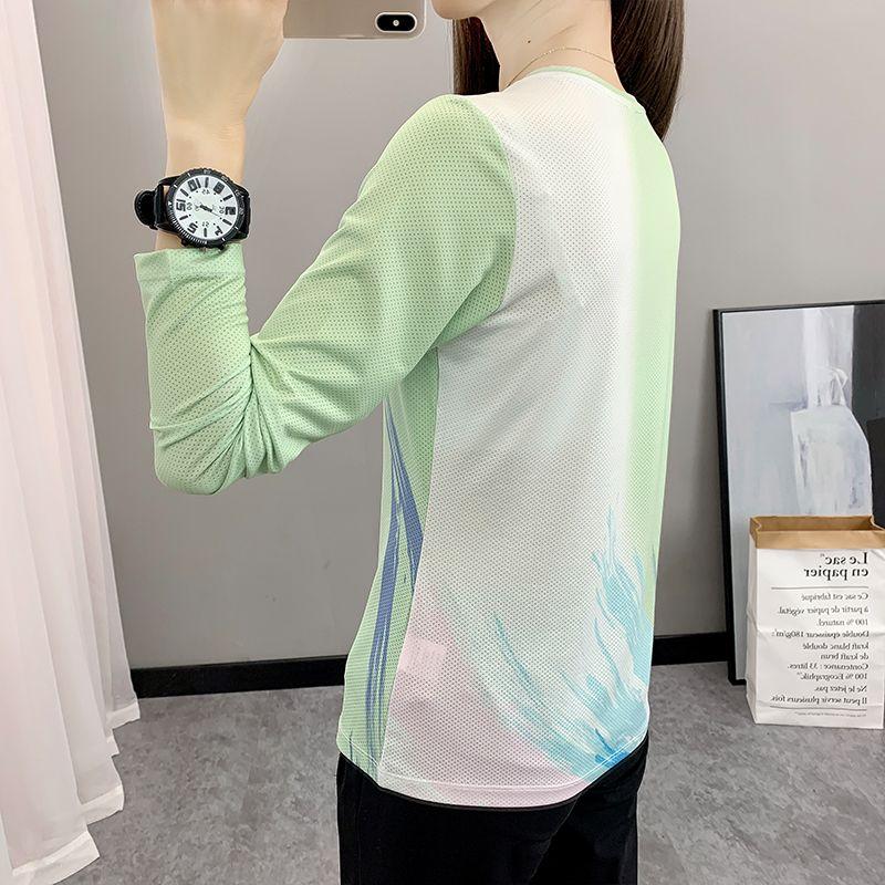 Ice Silk Quick Dry Long Sleeve T-Shirt Women Breathable Elastic Slim Base Top Outdoor Running Casual Tee