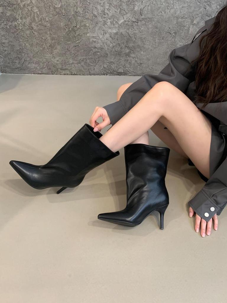 2025 foreign leather pointed high heel medium boots women's French wide tube small ankle boots knight short boots Martin boots