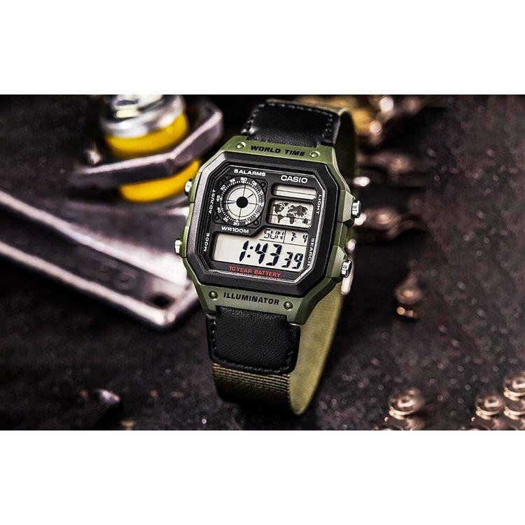 Casio Standard Series Small Square Sports Ten-Year Power Quartz Movement Canvas Strap Men Watches Black AE-1200WHB-3B