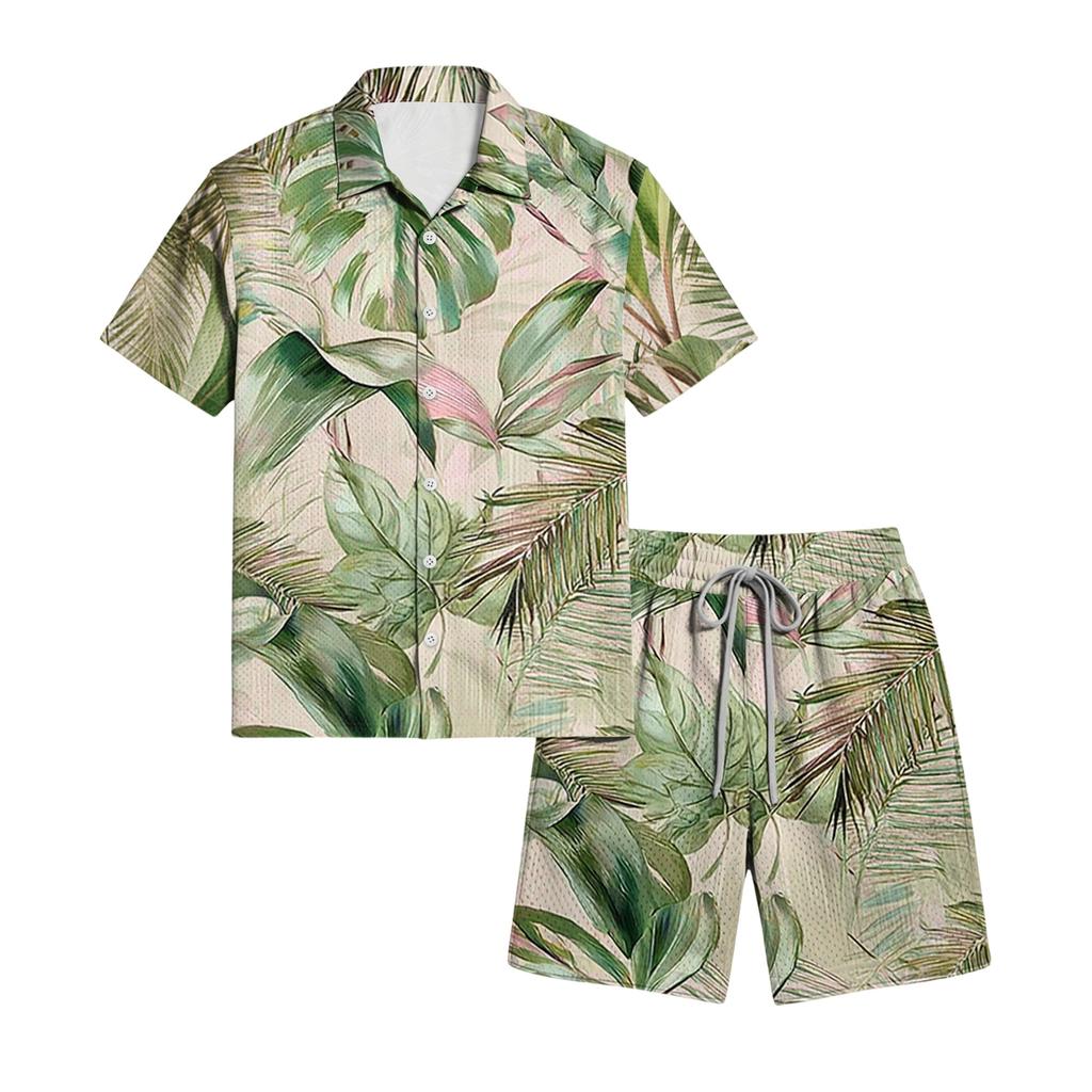 Men's Casual Printed Lightweight Breathable Shirt and Drawstring Shorts Set
