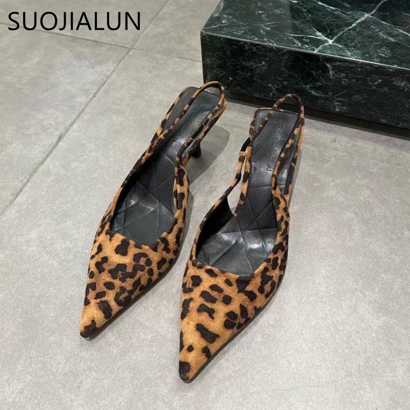 Fashion SUOJIALUN 2025 Spring Brand Women Sandal Fashion Leopard Print Ladies Elegant Slingback Shoes Pointed Toe Thin High Heel Pumps