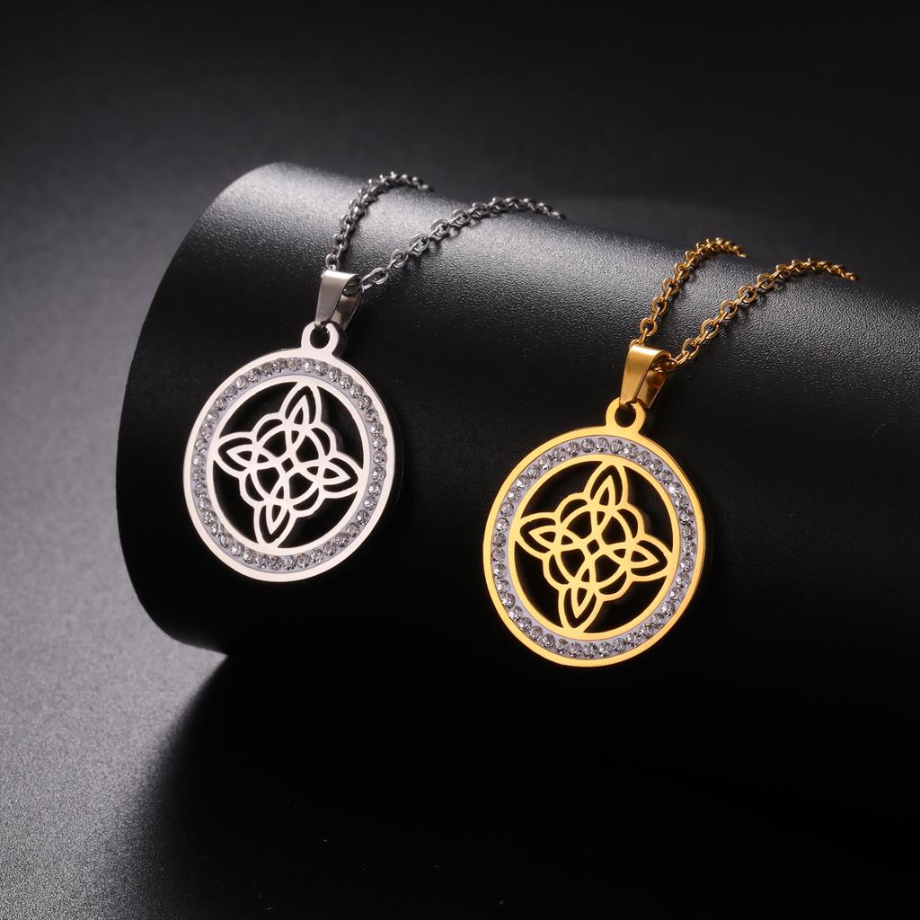 Double Layer Titanium Steel Miko Knot Pendant Necklace with Circle Diamond Accents Simple Fashion Jewelry