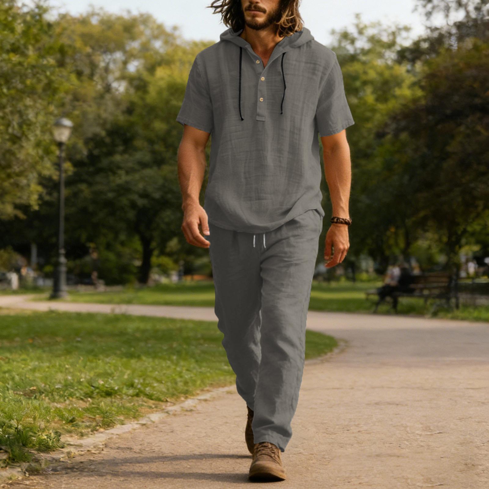 Men’s Two Piece Hooded Short Sleeve Shirt and Pants Set Casual Lightweight Drawstring Waist Outfit for Daily Wear XXXL