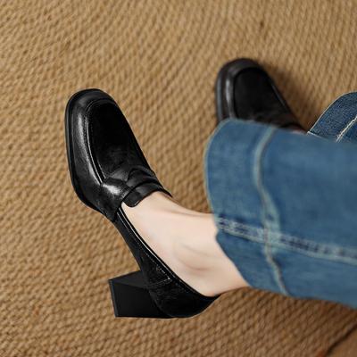 New Four-season Wear Women's Small Leather Shoes Comfortable Large Size Single Shoes Women's Black High Heels Leather Square Heel Thick Sole Non-slip