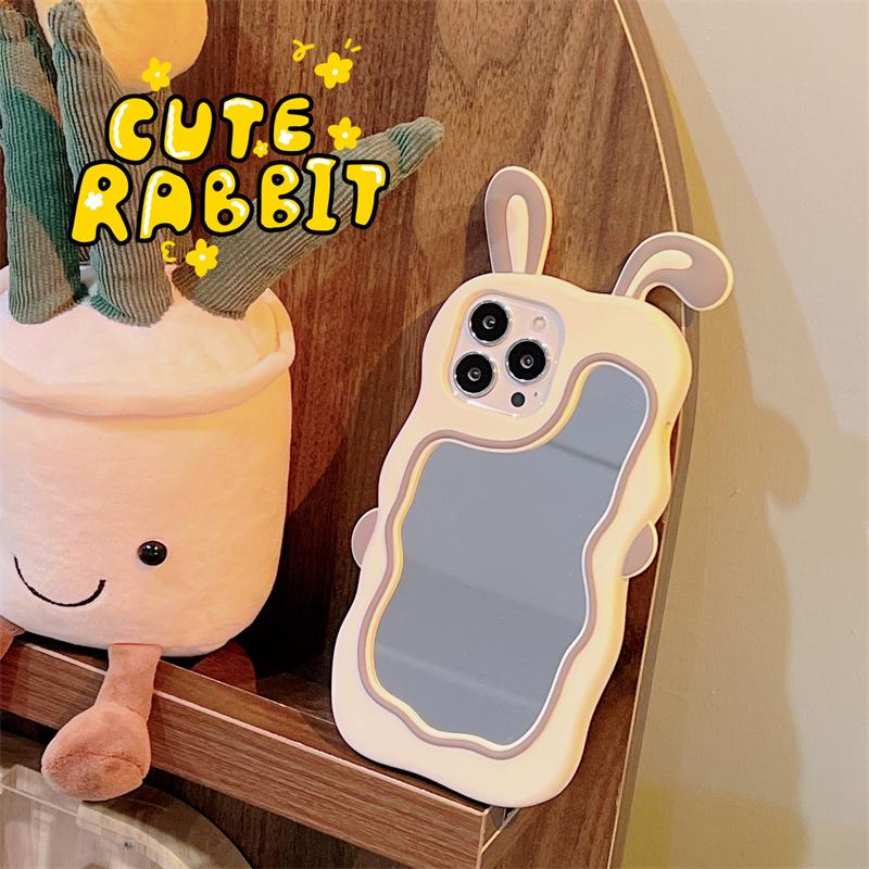Korea 3d Cute Rabbit Ear Makeup Mirror Silicone Case For Iphone 14 13 11 12 Pro Max Xs Xr X 7 8 14 Plus Cartoon Shockproof Cover