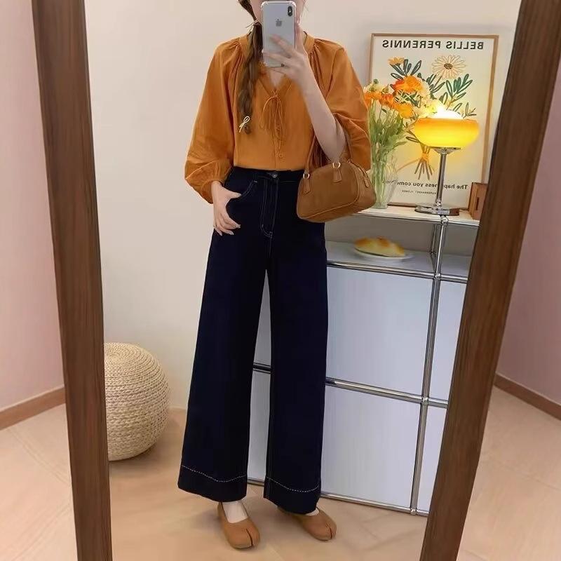 Women's Dark Blue High-Waist Wide-Leg Jeans - Slimming, Loose Fit for Pear-Shaped Bodies