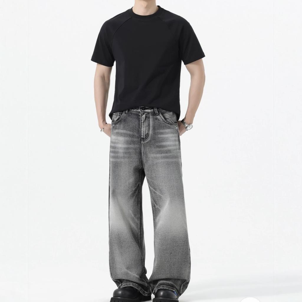 American vib high street washed jeans men's trendy brand loose retro straight wide-leg soot denim trousers men's