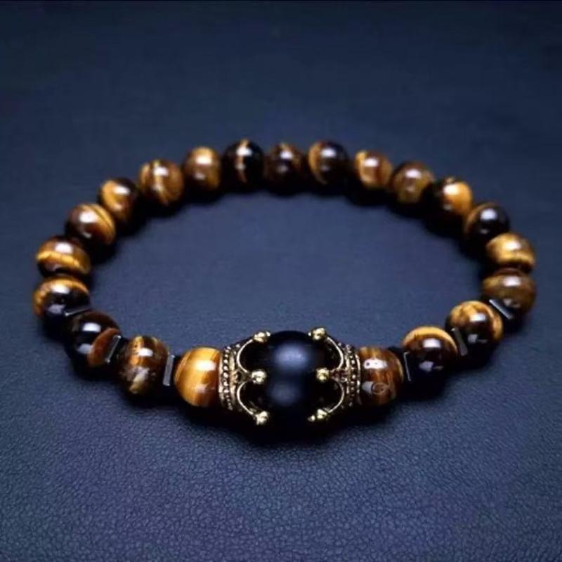 Men'S Stylish Natural Stone Bracelet Vintage Crown Symbol Of Power Hematite Beads Gift For Friends Natural Tiger Eye Beads