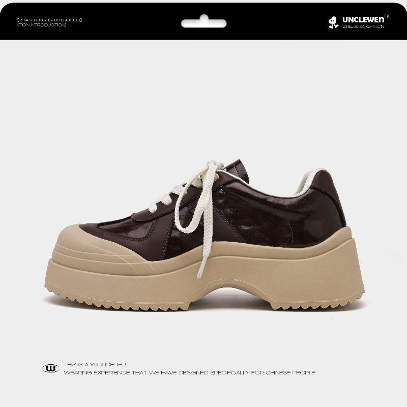 Leather muffin platform casual shoes women's autumn new trendy sports heightening lace-up versatile white shoes