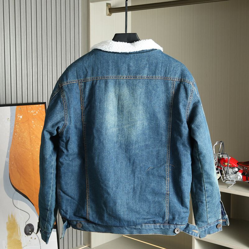 Winter Vintage Lamb Wool Lapel Denim Jacket for Men, Thickened Warm Workwear Style Washed Jacket Trendy
