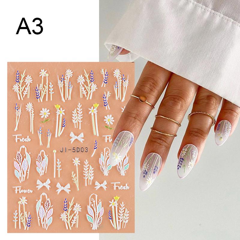 5D Nail Stickers Flowers Heart Shape Decor Acrylic Embossed Slippers Gold Frame Nail Decals Cherry Blossom Manicure
