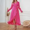 Women's Long Sleeved Solid Color High Round Large Swing Dress Slim Fit Long Dress