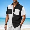Men's Casual Color Block Short Sleeve Shirt Lapel Collar Button Up with Pockets Summer Beach Holiday Blouse Tops