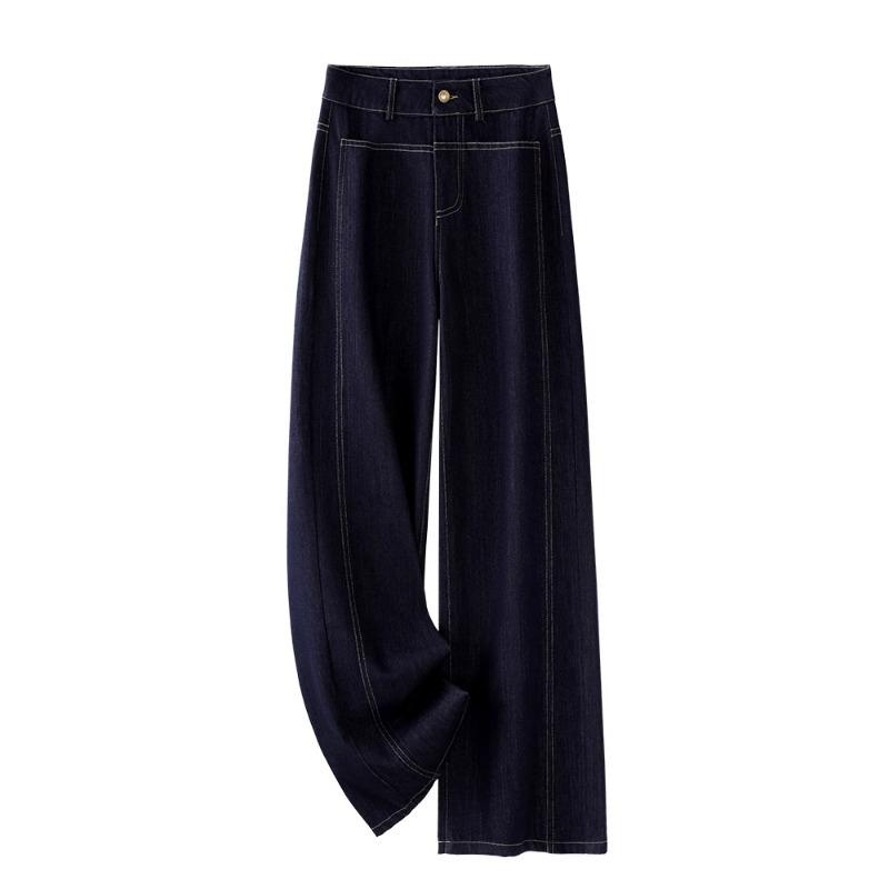 Dámské vintage modré široké džínové kalhoty - Jaro a Podzim 2025 styl po zem