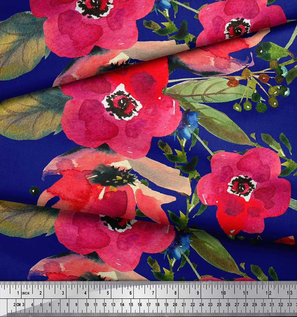 Soimoi Japan Crepe Satin Fabric Leaves & Poppy Flower Print Sewing Fabric Metre 42 Inch