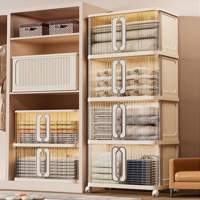 Foldable Sliding Door Storage Cabinet with Wheels - Multi-layer Baby Wardrobe & Snack Organizer