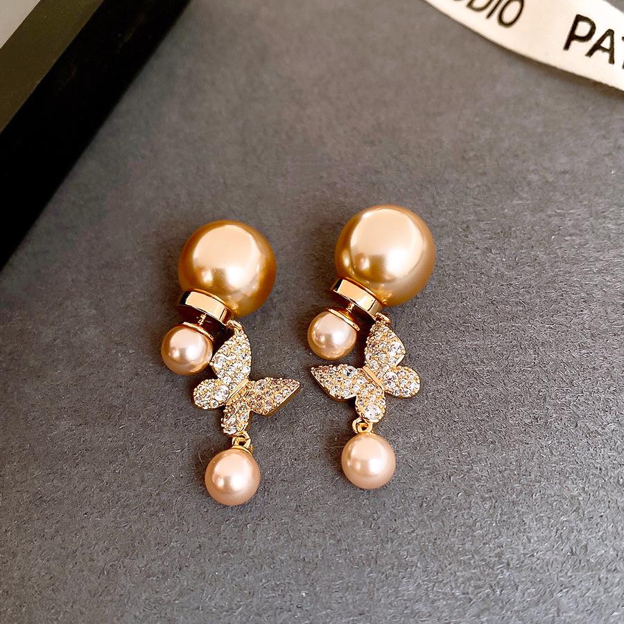 18k real gold electroplated retro zircon butterfly pearl earrings stud earrings temperament earrings women