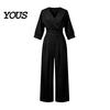 Everyday Wear Jumpsuit Women's Long Sleeve Jumpsuit, Deep V Neck Loose Wide Leg Plus Size Women Rompers, High Waist Summer Casual One Piece