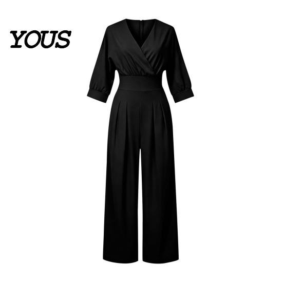 Everyday Wear Jumpsuit Women's Long Sleeve Jumpsuit, Deep V Neck Loose Wide Leg Plus Size Women Rompers, High Waist Summer Casual One Piece