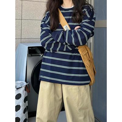 Korean Style Striped Thin Sweatshirt for Women Large Size Loose Autumn and Winter New Retro Inner Long-sleeved Top