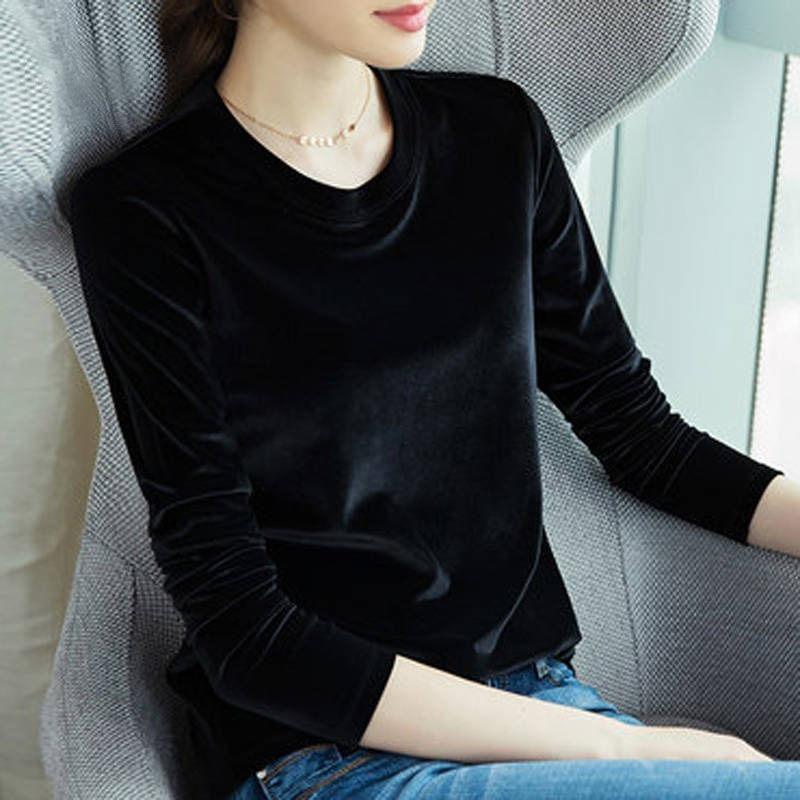2025 Spring Autumn Women European and America Trend Slim Gold Velvet Bottoming Shirt Korean Temperament Gentle Loose Warm Long Sleeve Shirt